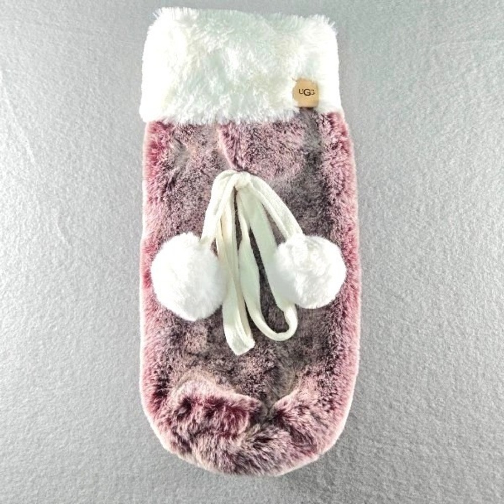 Ugg Dawson Cabernet Colored Wine Bottle Holder‎ Gift Bag Faux Fur Pom Poms NWOT